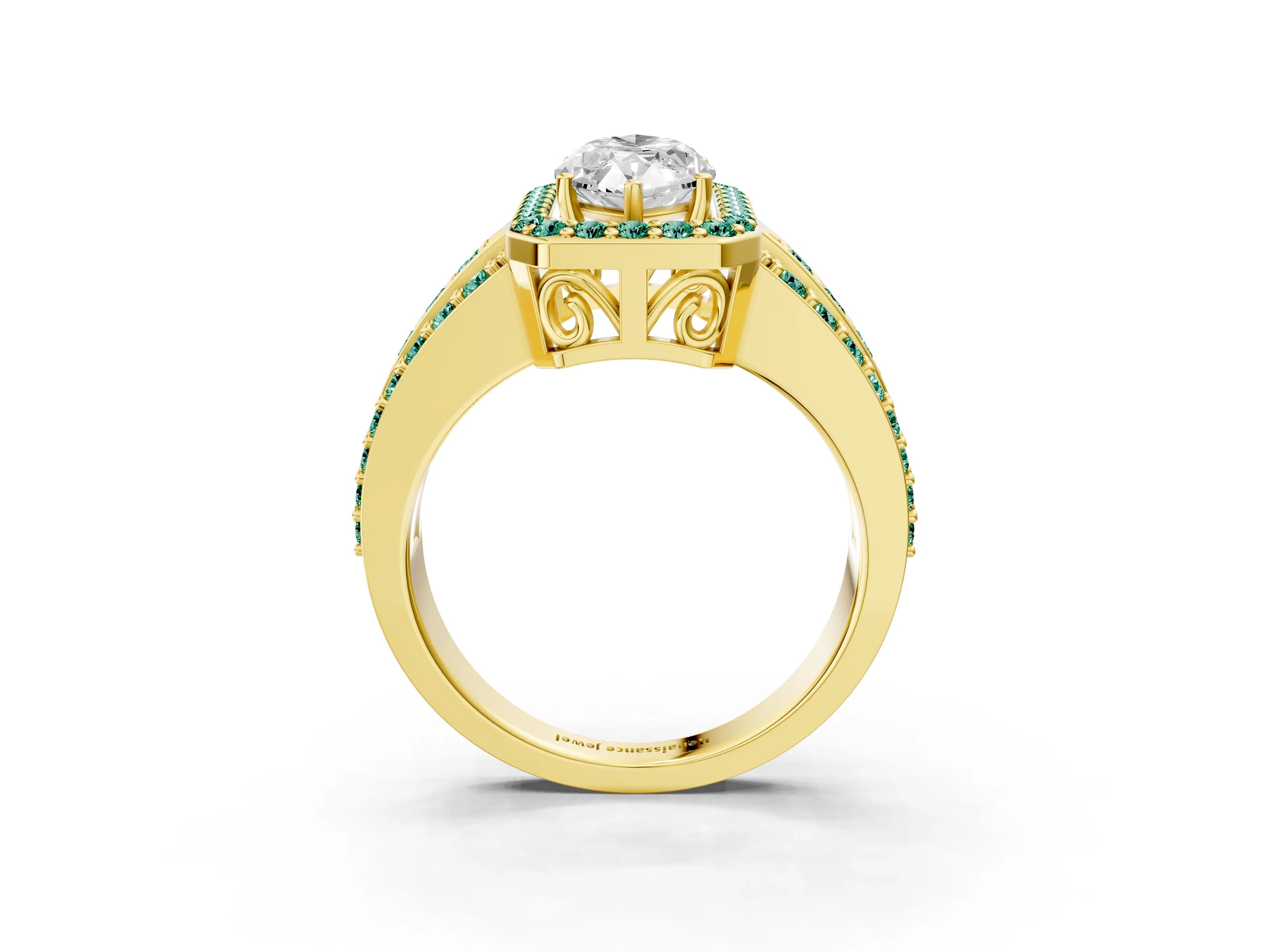 Yellow gold Marquise Cut Halo Diamond Ring with Round with Green Sapphire side stone Split Shank and Prong Setting_3