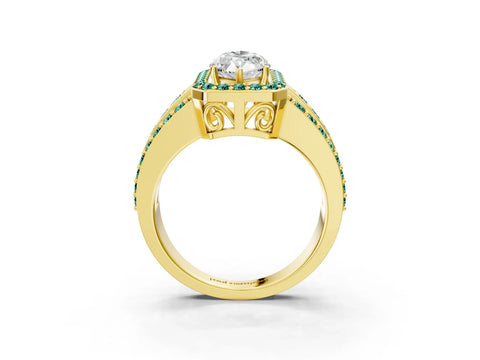 Yellow gold Marquise Cut Halo Diamond Ring with Round with Green Sapphire side stone Split Shank and Prong Setting_3