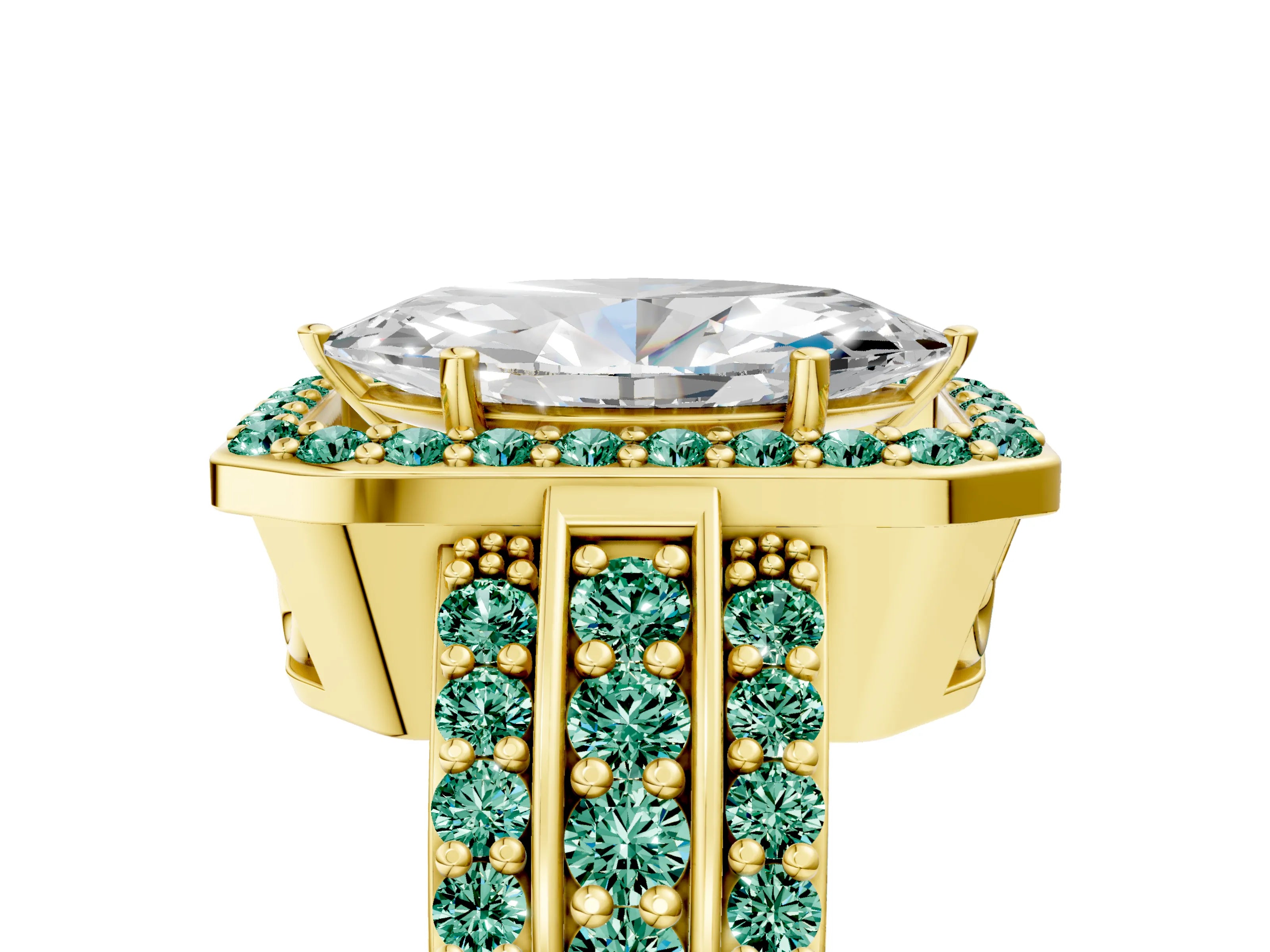 Yellow gold Marquise Cut Halo Diamond Ring with Round with Green Sapphire side stone Split Shank and Prong Setting_5