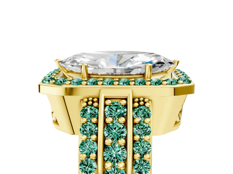 Yellow gold Marquise Cut Halo Diamond Ring with Round with Green Sapphire side stone Split Shank and Prong Setting_5
