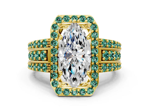 Yellow gold Marquise Cut Halo Diamond Ring with Round with Green Sapphire side stone Split Shank and Prong Setting