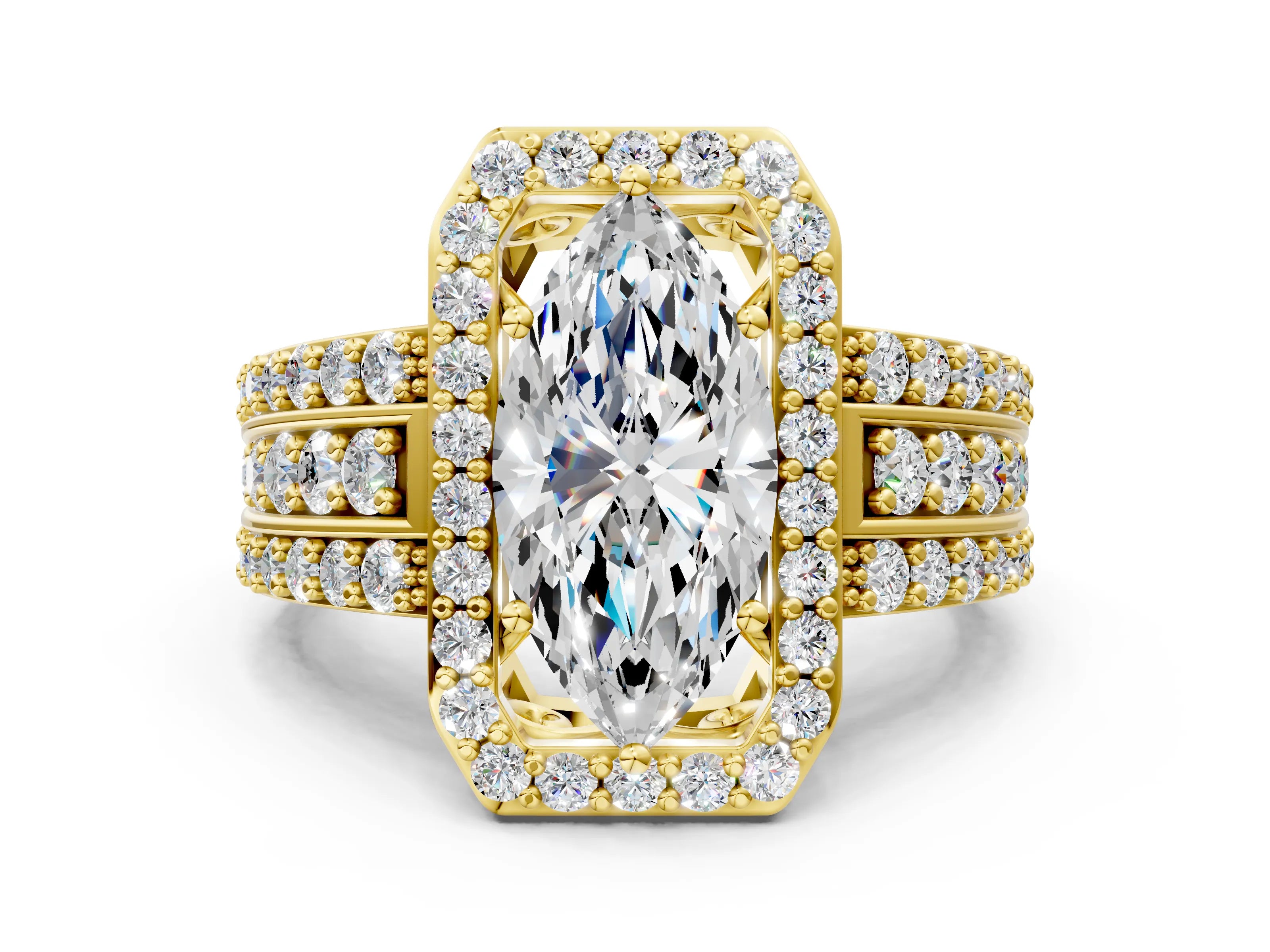Yellow gold Marquise Cut Halo Diamond Ring with Round with Moissanite side stone Split Shank and Prong Setting