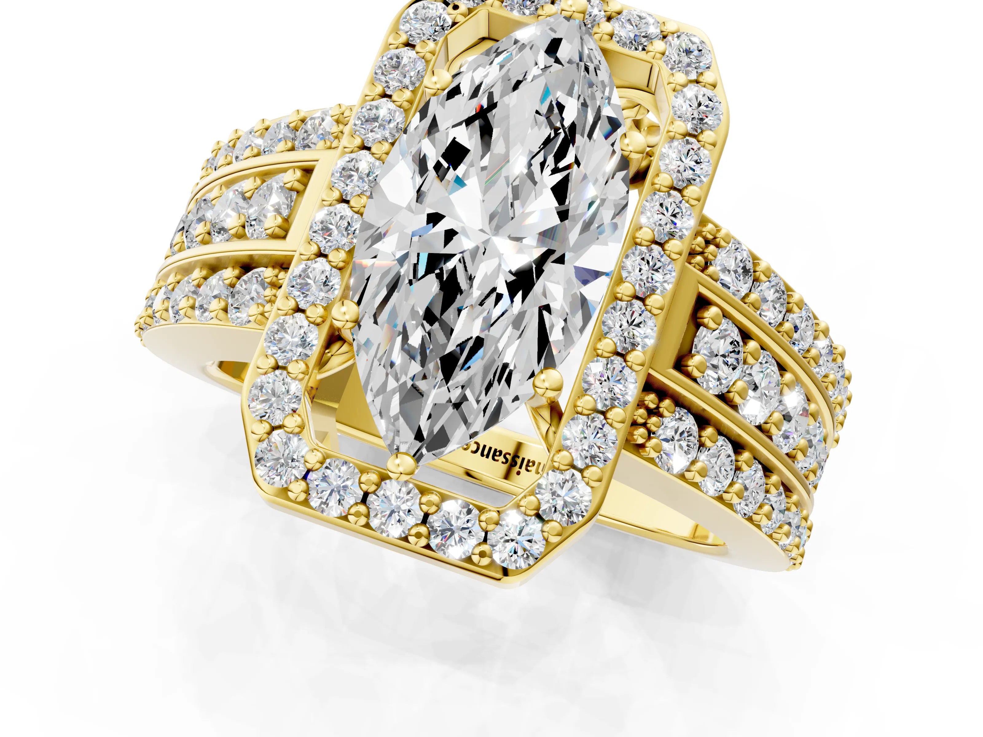 Yellow gold Marquise Cut Halo Diamond Ring with Round with Moissanite side stone Split Shank and Prong Setting_1