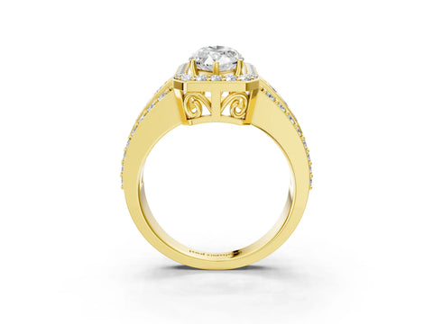 Yellow gold Marquise Cut Halo Diamond Ring with Round with Moissanite side stone Split Shank and Prong Setting_3