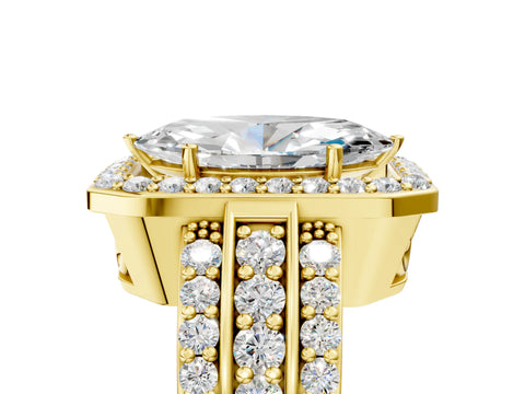 Yellow gold Marquise Cut Halo Diamond Ring with Round with Moissanite side stone Split Shank and Prong Setting_5