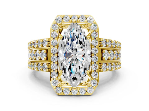 Yellow gold Marquise Cut Halo Diamond Ring with Round with Moissanite side stone Split Shank and Prong Setting
