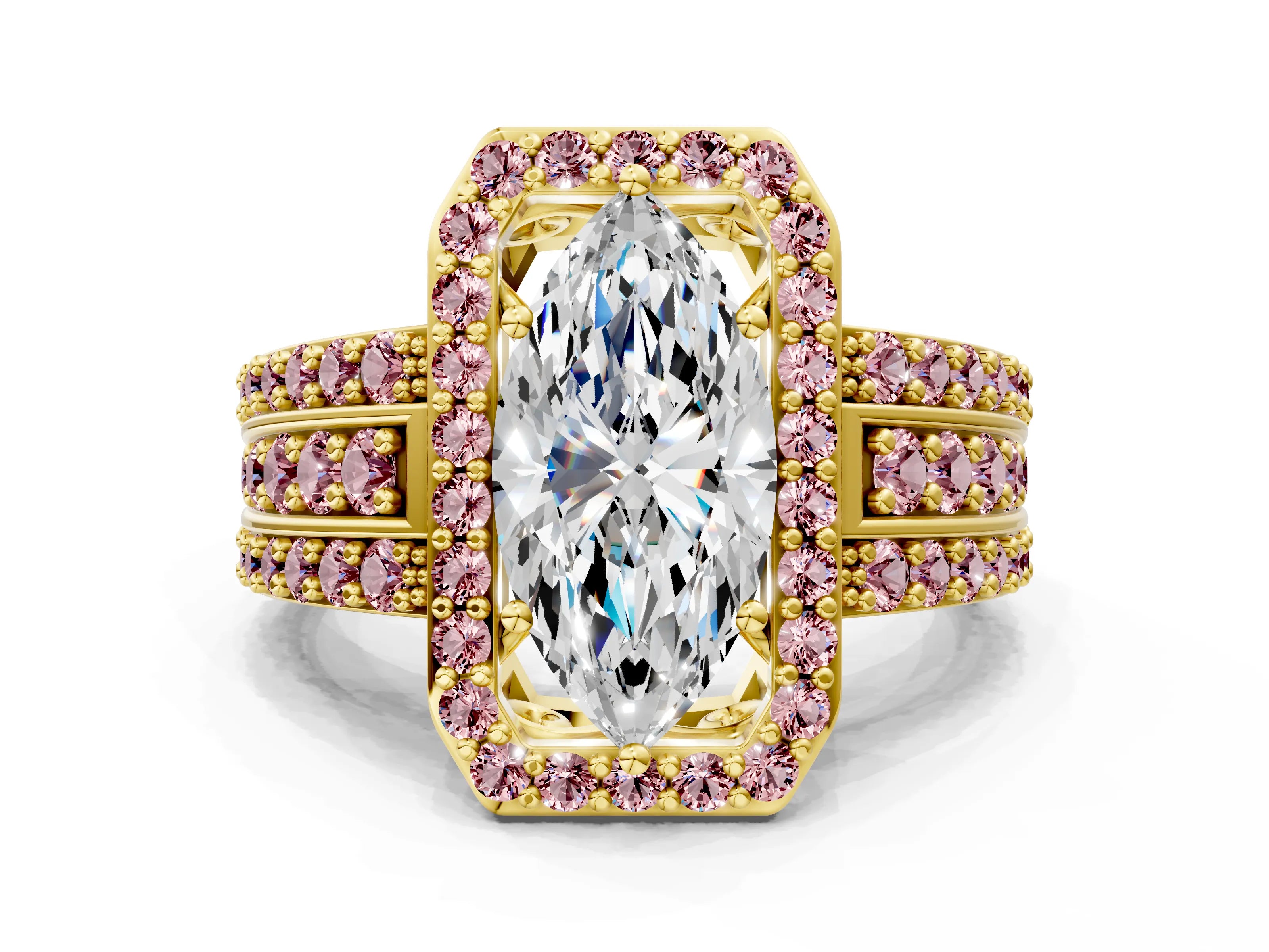 Yellow gold Marquise Cut Halo Diamond Ring with Round with Morganite side stone Split Shank and Prong Setting