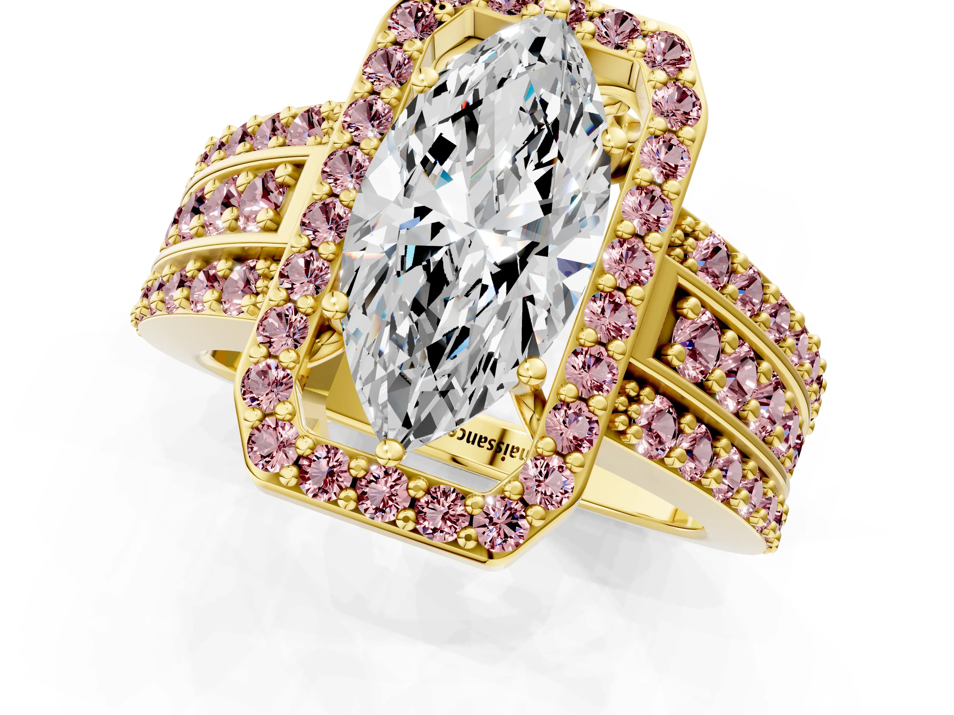 Yellow gold Marquise Cut Halo Diamond Ring with Round with Morganite side stone Split Shank and Prong Setting_1