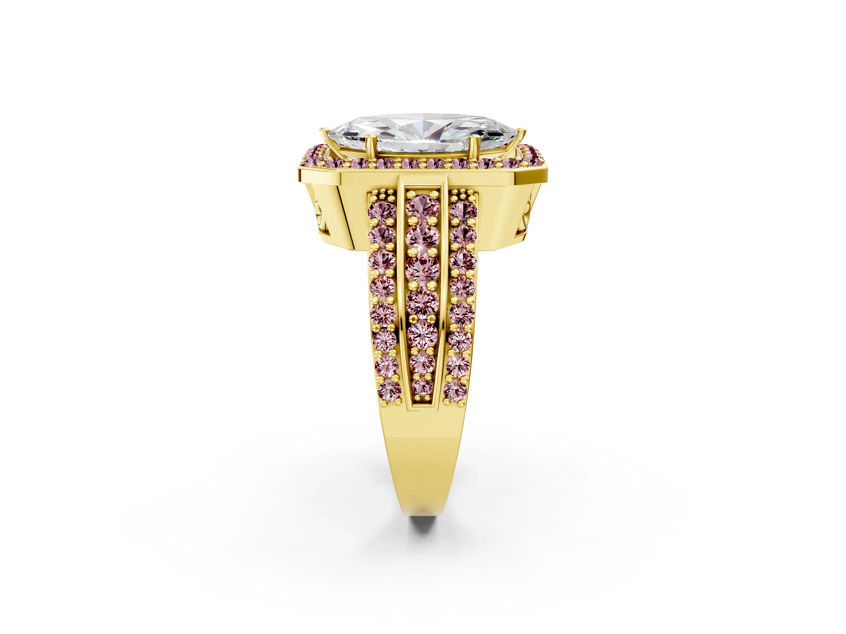 Yellow gold Marquise Cut Halo Diamond Ring with Round with Morganite side stone Split Shank and Prong Setting_2
