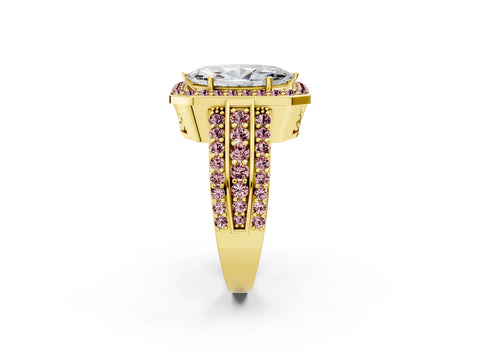 Yellow gold Marquise Cut Halo Diamond Ring with Round with Morganite side stone Split Shank and Prong Setting_2