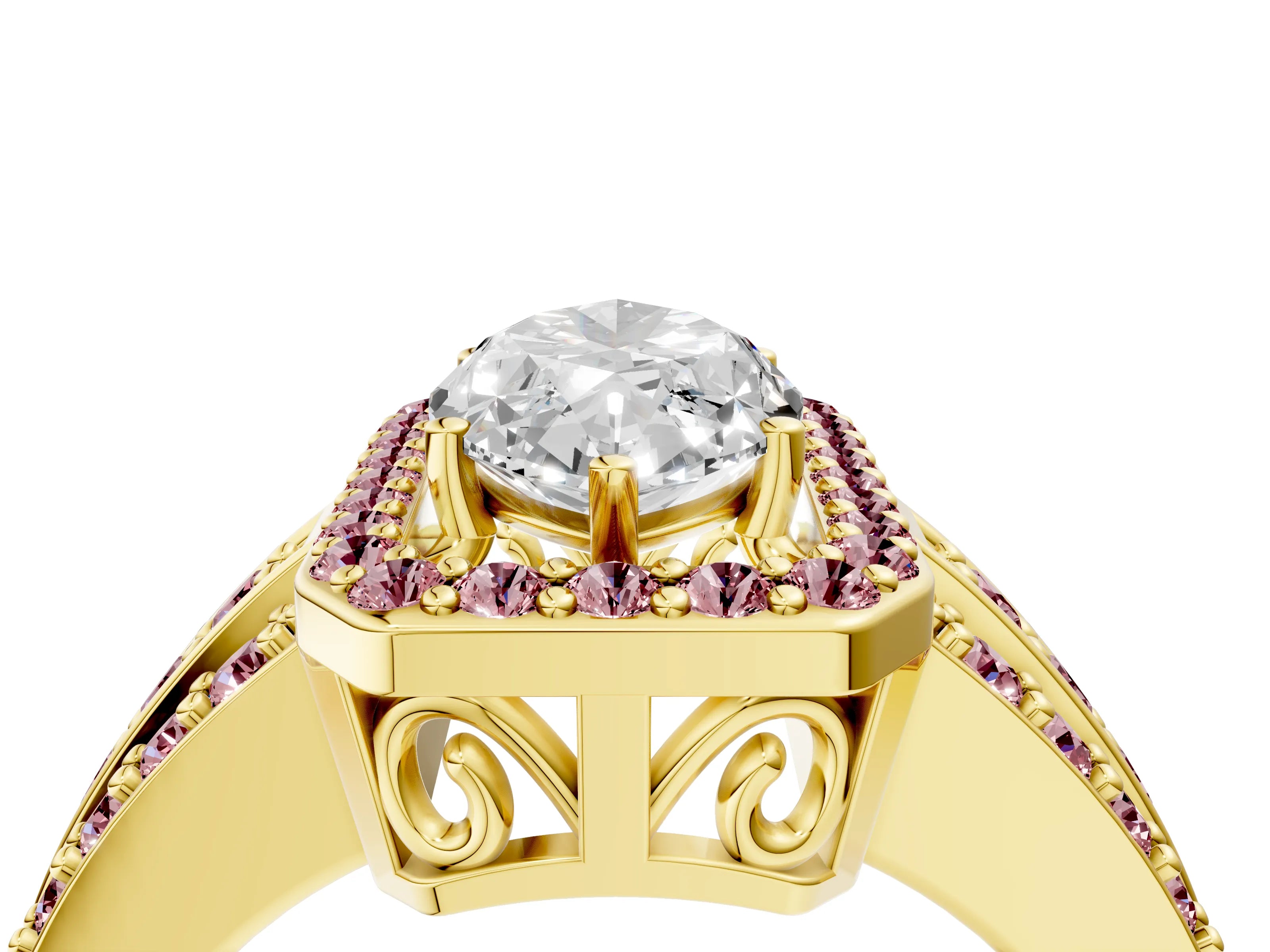 Yellow gold Marquise Cut Halo Diamond Ring with Round with Morganite side stone Split Shank and Prong Setting_4
