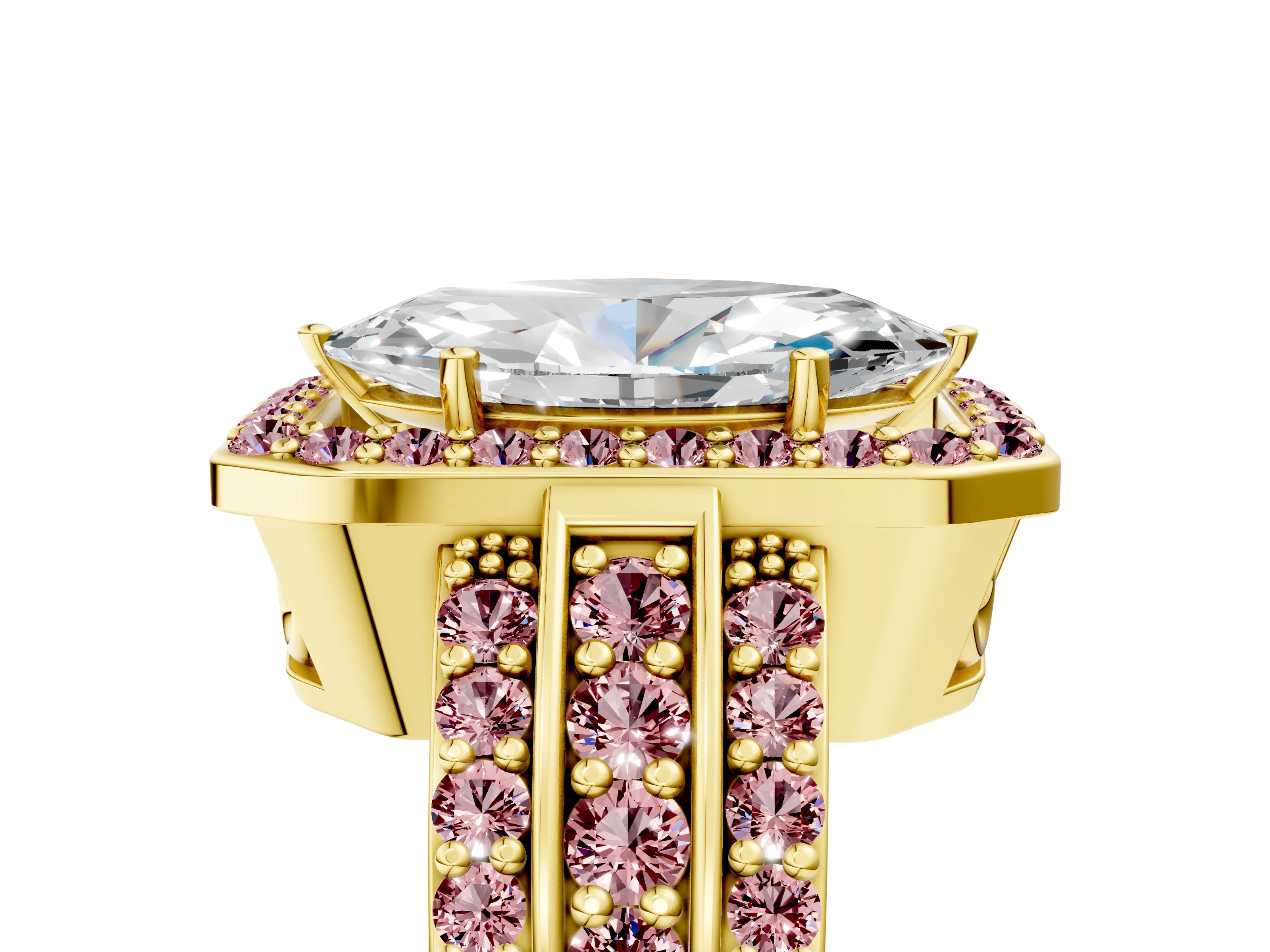 Yellow gold Marquise Cut Halo Diamond Ring with Round with Morganite side stone Split Shank and Prong Setting_5