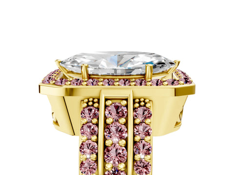 Yellow gold Marquise Cut Halo Diamond Ring with Round with Morganite side stone Split Shank and Prong Setting_5