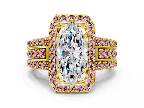 Yellow gold Marquise Cut Halo Diamond Ring with Round with Morganite side stone Split Shank and Prong Setting