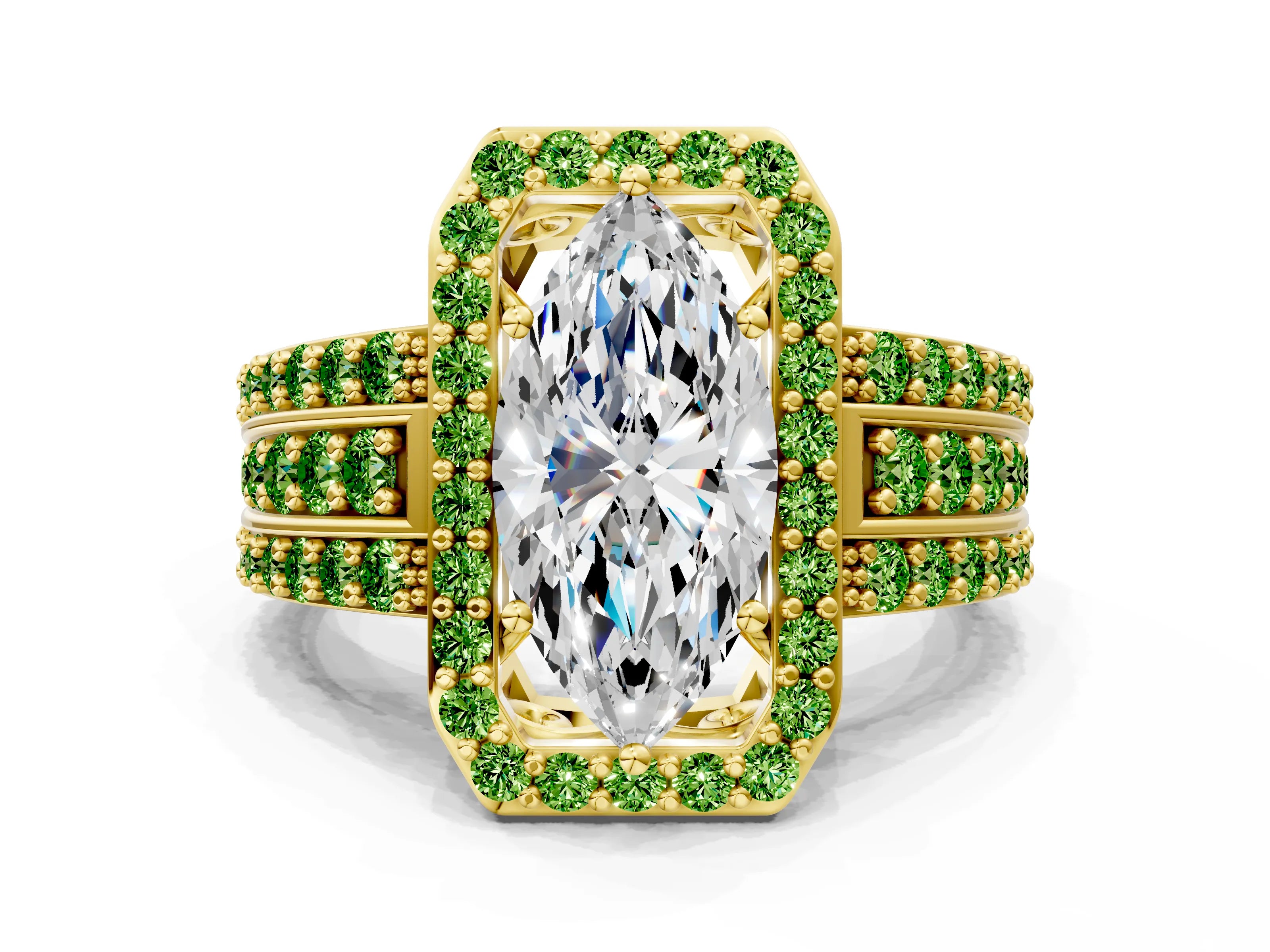 Yellow gold Marquise Cut Halo Diamond Ring with Round with Peridot side stone Split Shank and Prong Setting