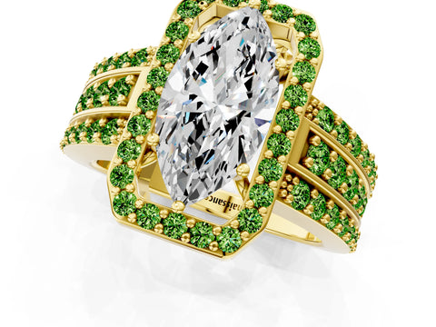 Yellow gold Marquise Cut Halo Diamond Ring with Round with Peridot side stone Split Shank and Prong Setting_1