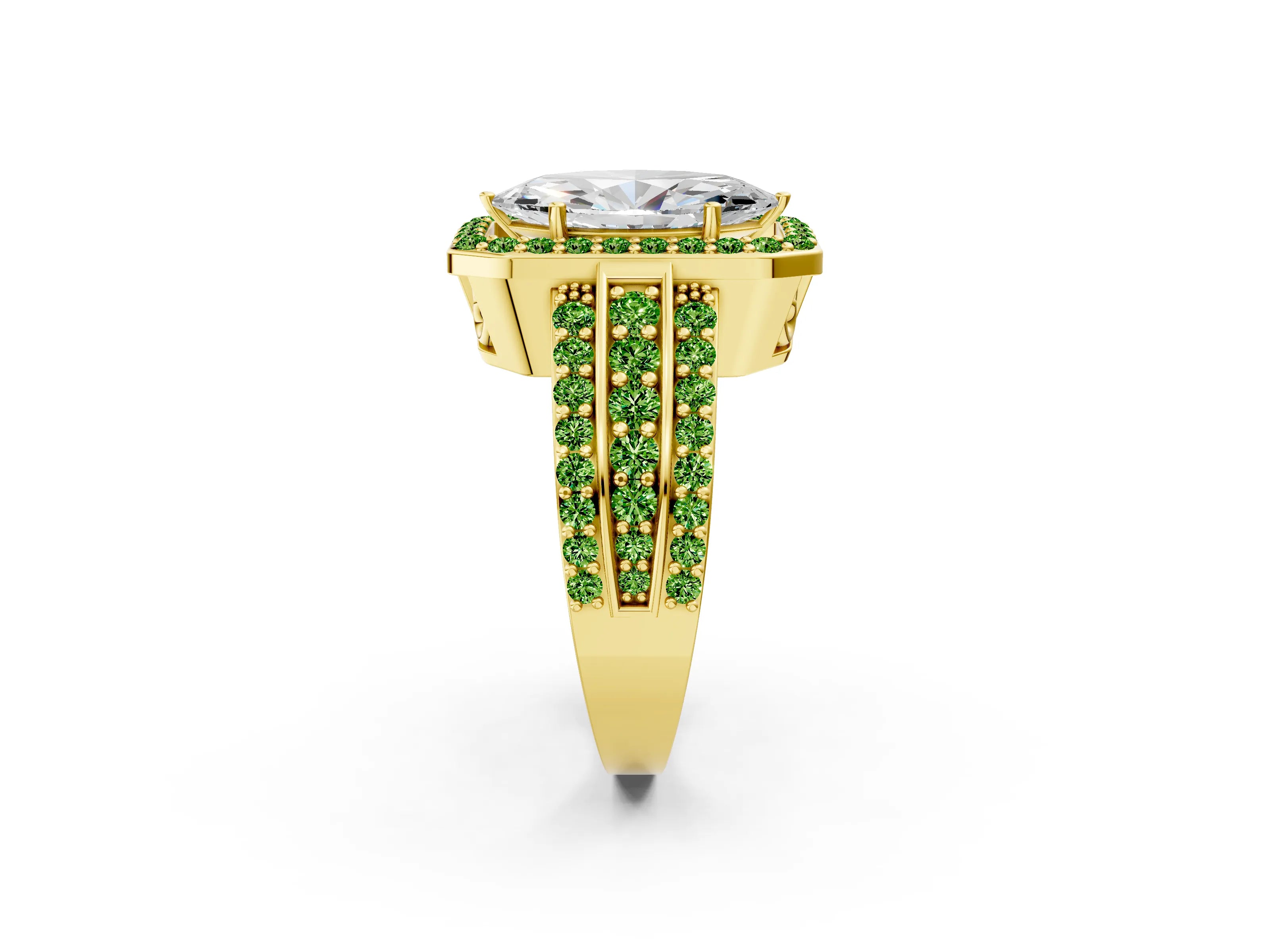 Yellow gold Marquise Cut Halo Diamond Ring with Round with Peridot side stone Split Shank and Prong Setting_2