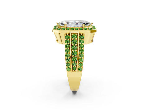 Yellow gold Marquise Cut Halo Diamond Ring with Round with Peridot side stone Split Shank and Prong Setting_2