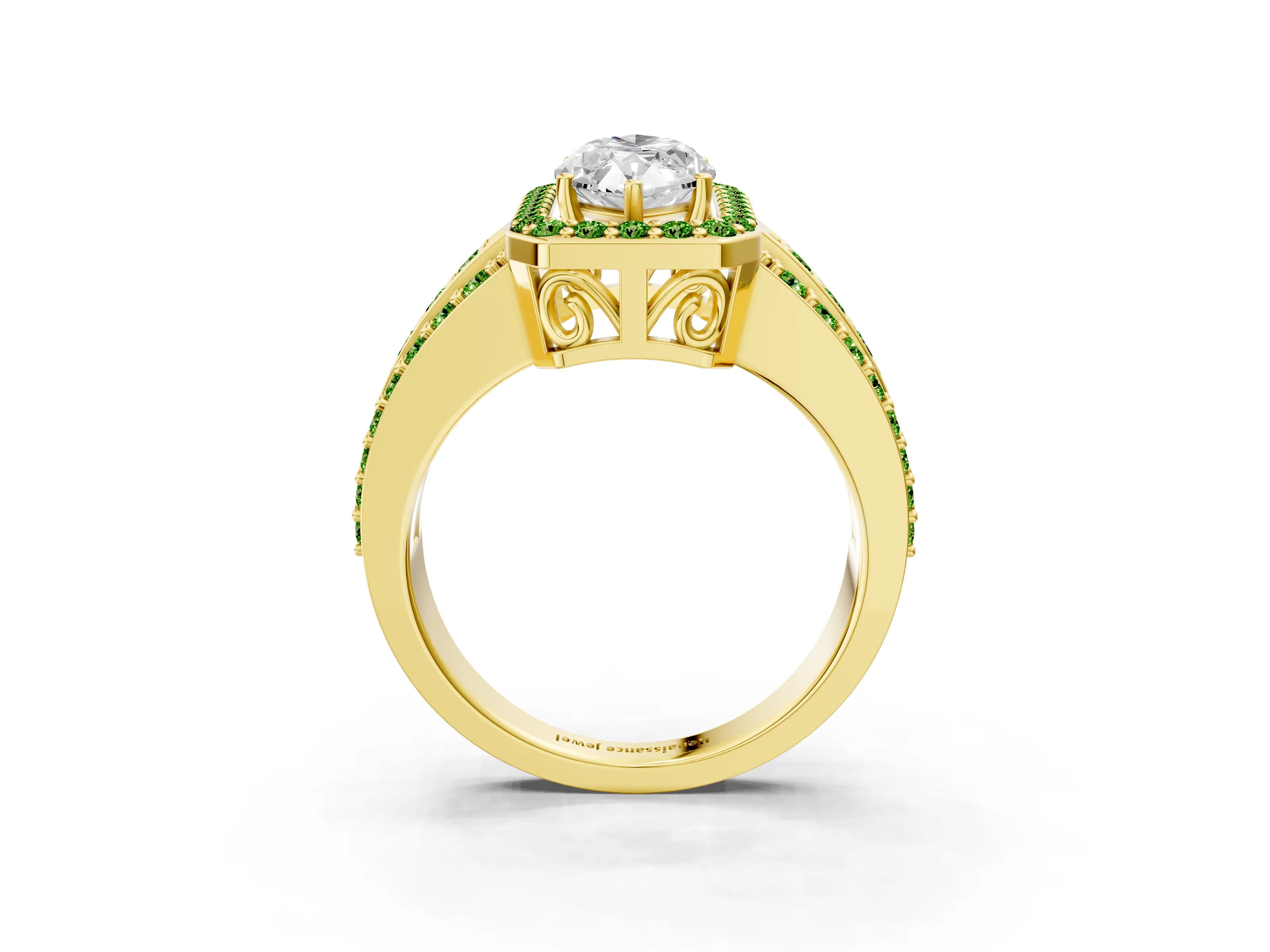 Yellow gold Marquise Cut Halo Diamond Ring with Round with Peridot side stone Split Shank and Prong Setting_3