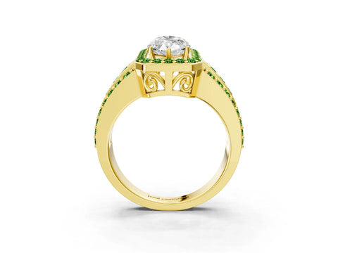 Yellow gold Marquise Cut Halo Diamond Ring with Round with Peridot side stone Split Shank and Prong Setting_3