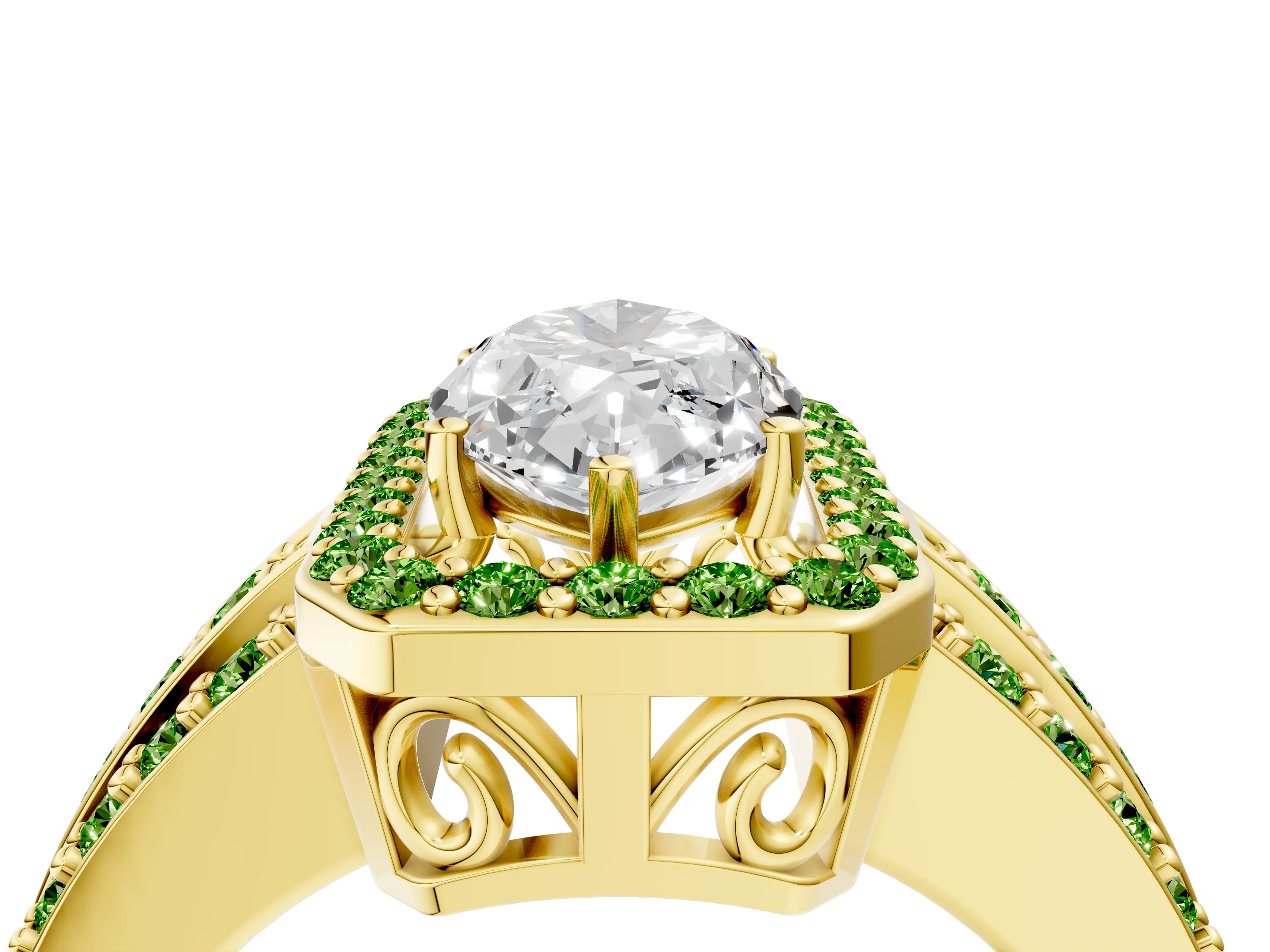 Yellow gold Marquise Cut Halo Diamond Ring with Round with Peridot side stone Split Shank and Prong Setting_4