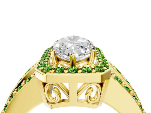 Yellow gold Marquise Cut Halo Diamond Ring with Round with Peridot side stone Split Shank and Prong Setting_4