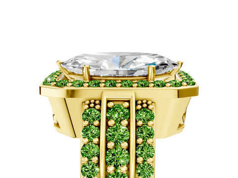 Yellow gold Marquise Cut Halo Diamond Ring with Round with Peridot side stone Split Shank and Prong Setting_5