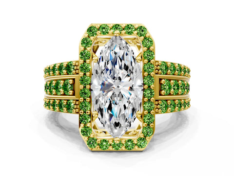 Yellow gold Marquise Cut Halo Diamond Ring with Round with Peridot side stone Split Shank and Prong Setting