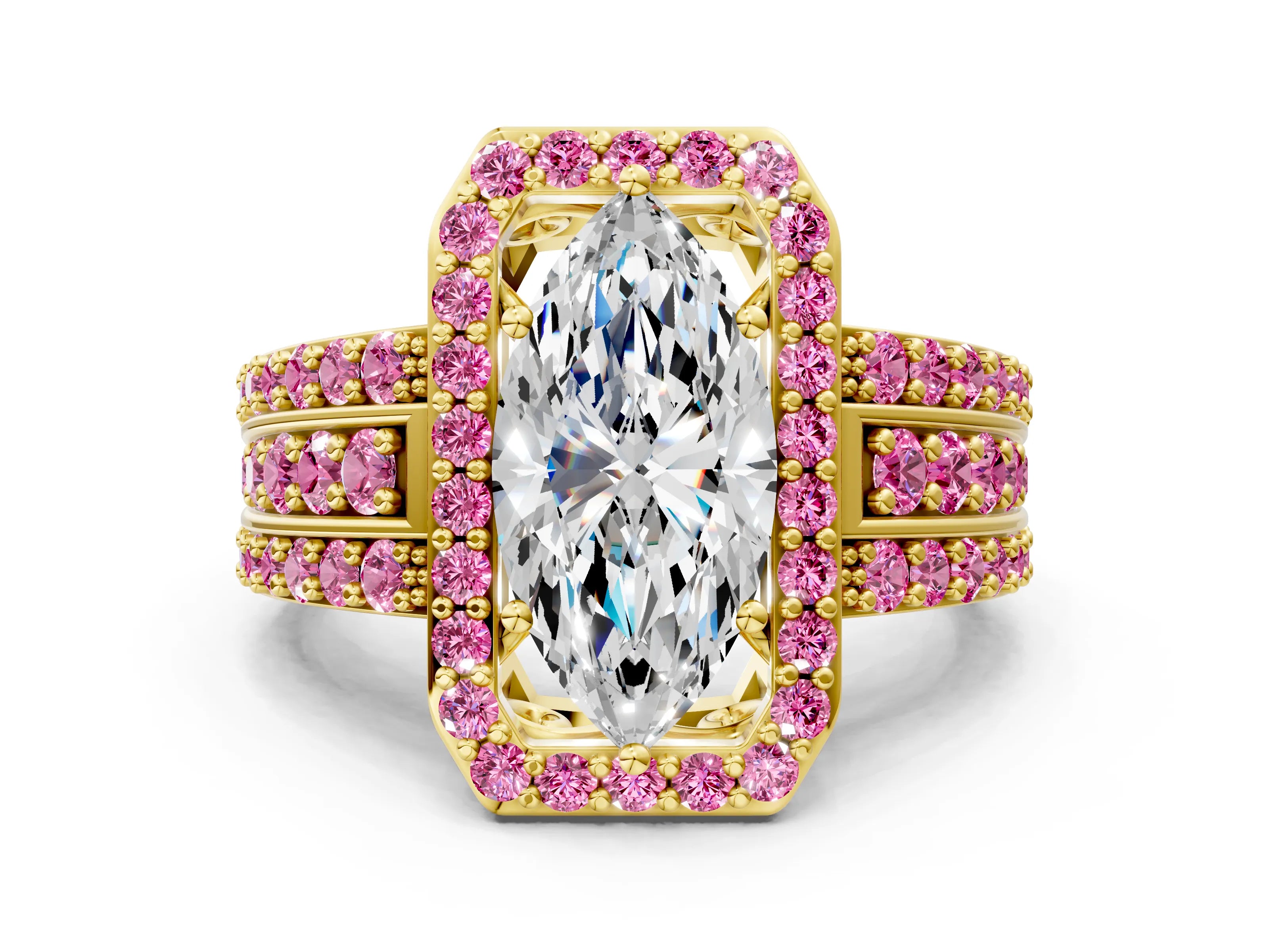 Yellow gold Marquise Cut Halo Diamond Ring with Round with Pink Sapphire side stone Split Shank and Prong Setting