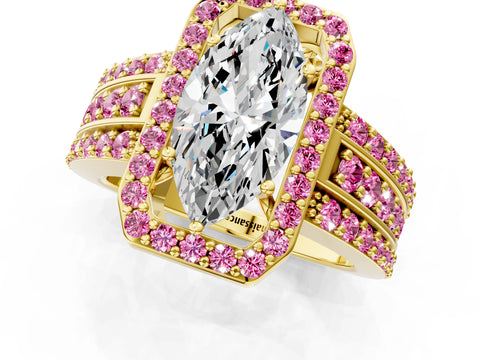Yellow gold Marquise Cut Halo Diamond Ring with Round with Pink Sapphire side stone Split Shank and Prong Setting_1