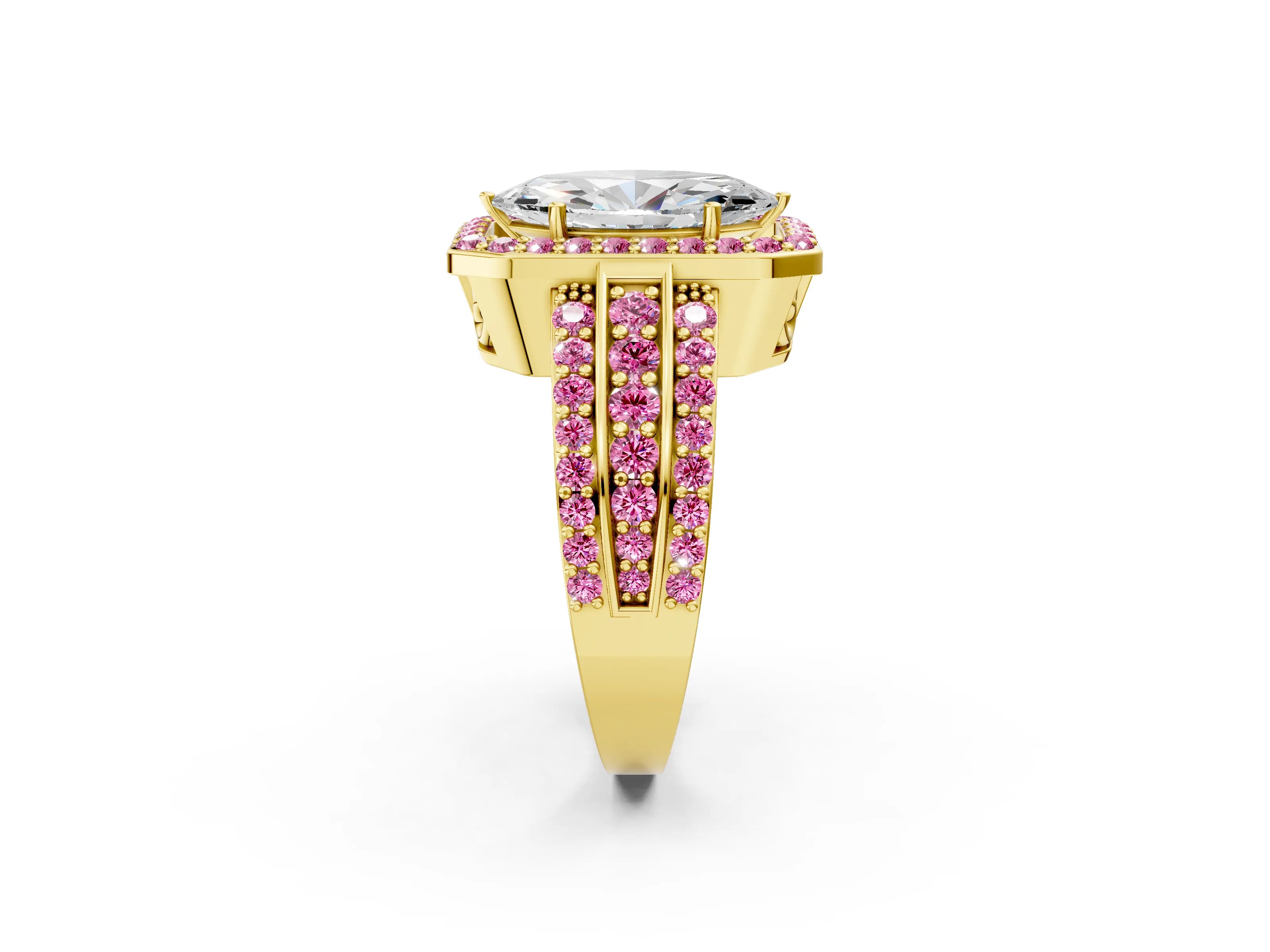 Yellow gold Marquise Cut Halo Diamond Ring with Round with Pink Sapphire side stone Split Shank and Prong Setting_2