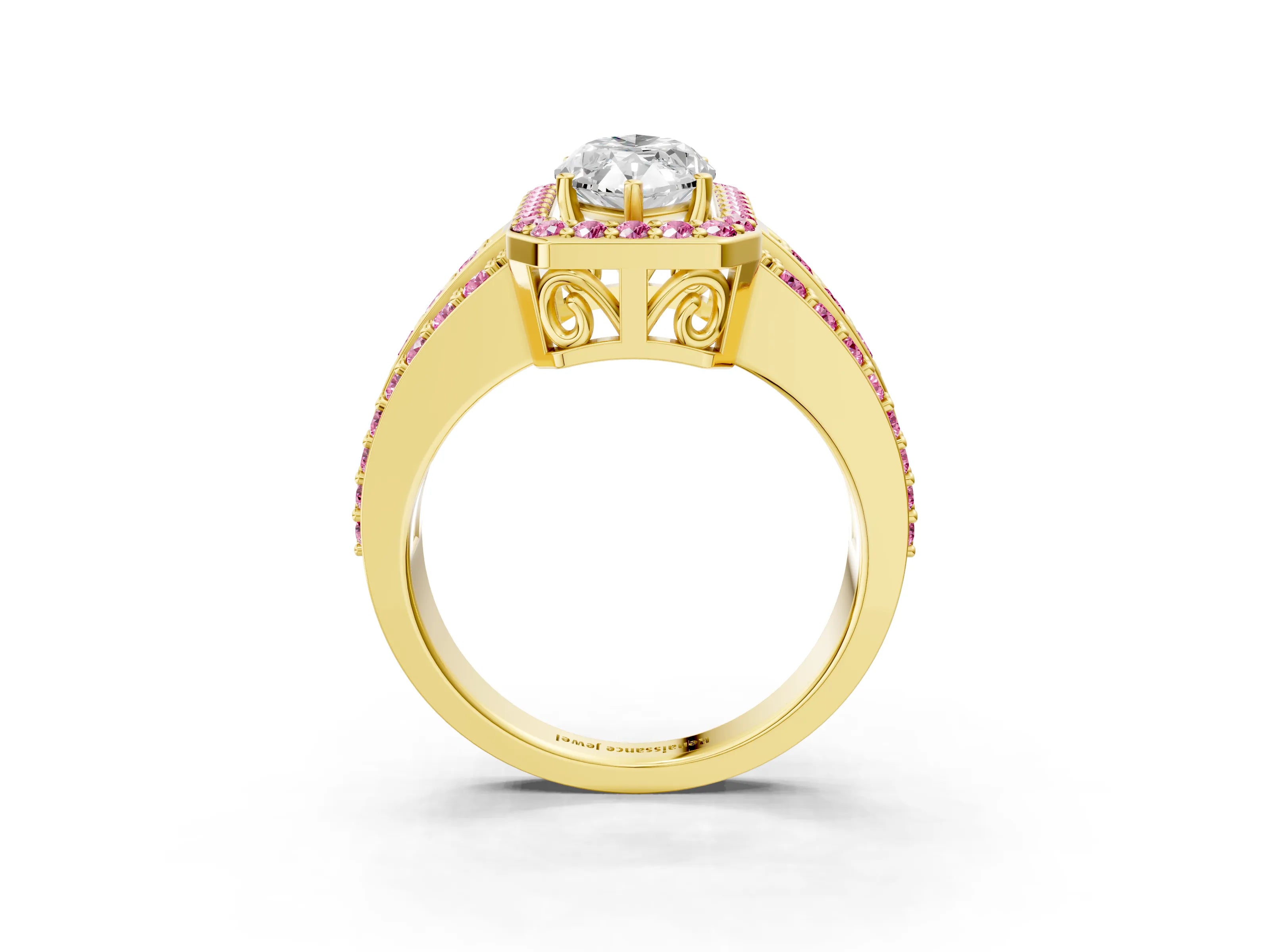 Yellow gold Marquise Cut Halo Diamond Ring with Round with Pink Sapphire side stone Split Shank and Prong Setting_3