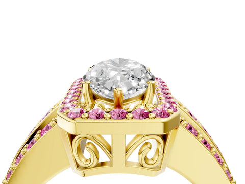 Yellow gold Marquise Cut Halo Diamond Ring with Round with Pink Sapphire side stone Split Shank and Prong Setting_4