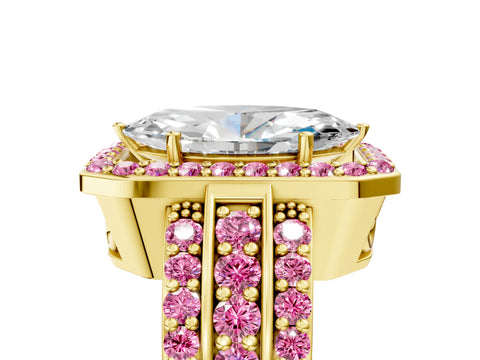 Yellow gold Marquise Cut Halo Diamond Ring with Round with Pink Sapphire side stone Split Shank and Prong Setting_5