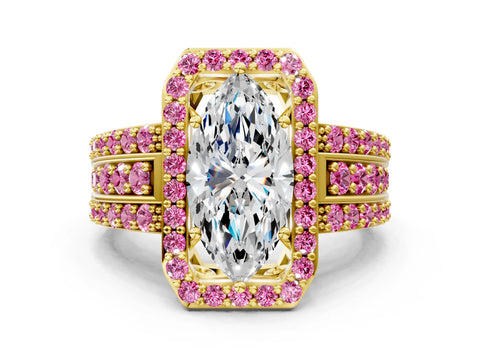 Yellow gold Marquise Cut Halo Diamond Ring with Round with Pink Sapphire side stone Split Shank and Prong Setting
