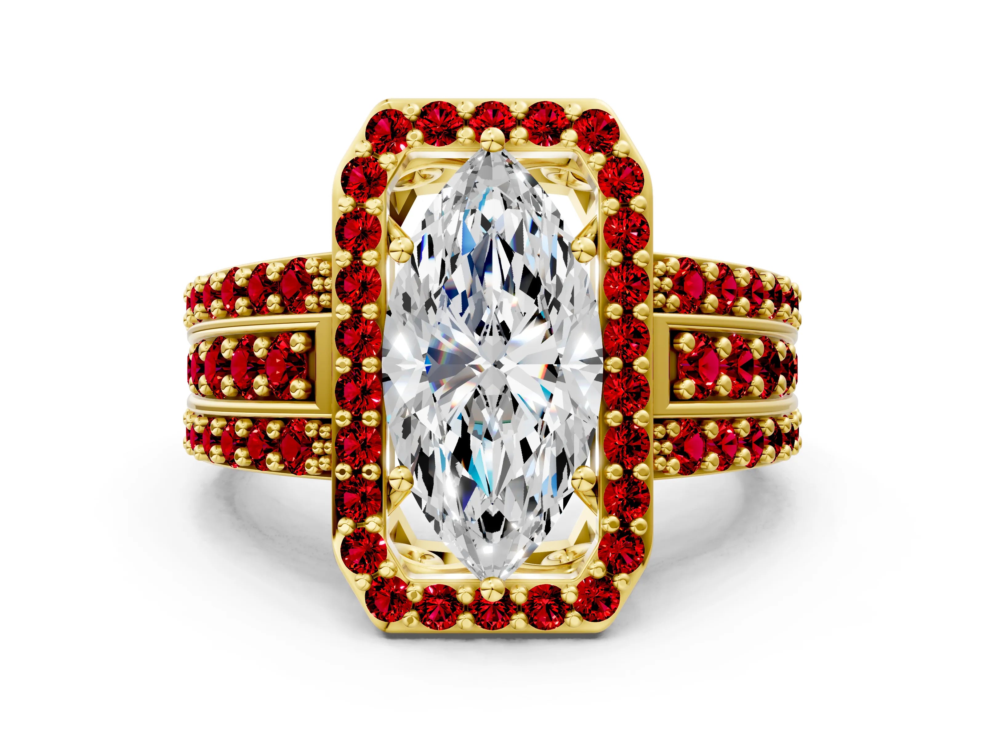 Yellow gold Marquise Cut Halo Diamond Ring with Round with Ruby side stone Split Shank and Prong Setting