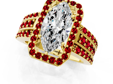 Yellow gold Marquise Cut Halo Diamond Ring with Round with Ruby side stone Split Shank and Prong Setting_1