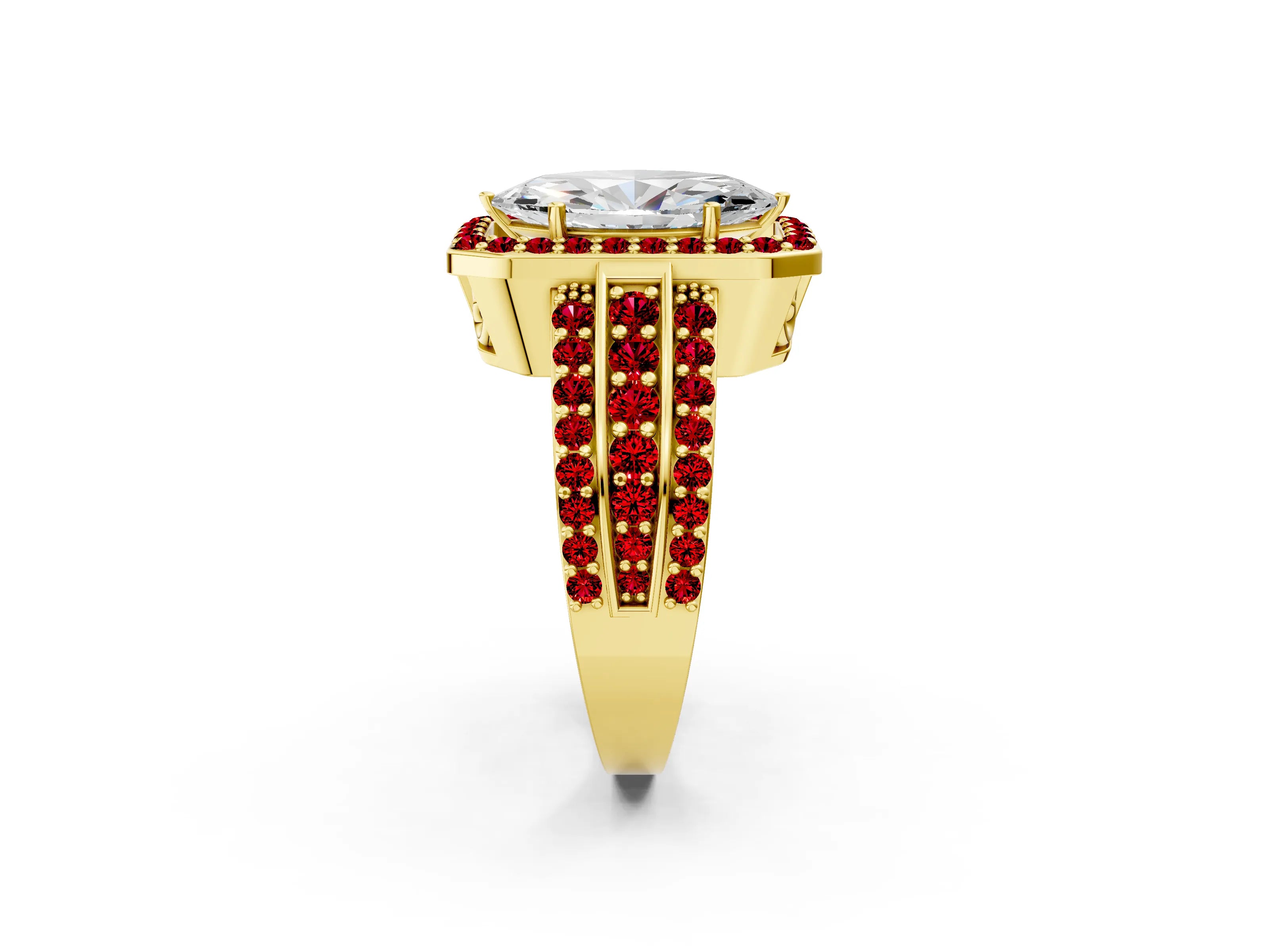 Yellow gold Marquise Cut Halo Diamond Ring with Round with Ruby side stone Split Shank and Prong Setting_2