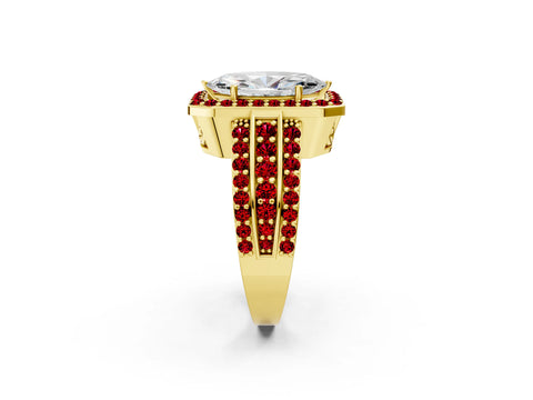Yellow gold Marquise Cut Halo Diamond Ring with Round with Ruby side stone Split Shank and Prong Setting_2