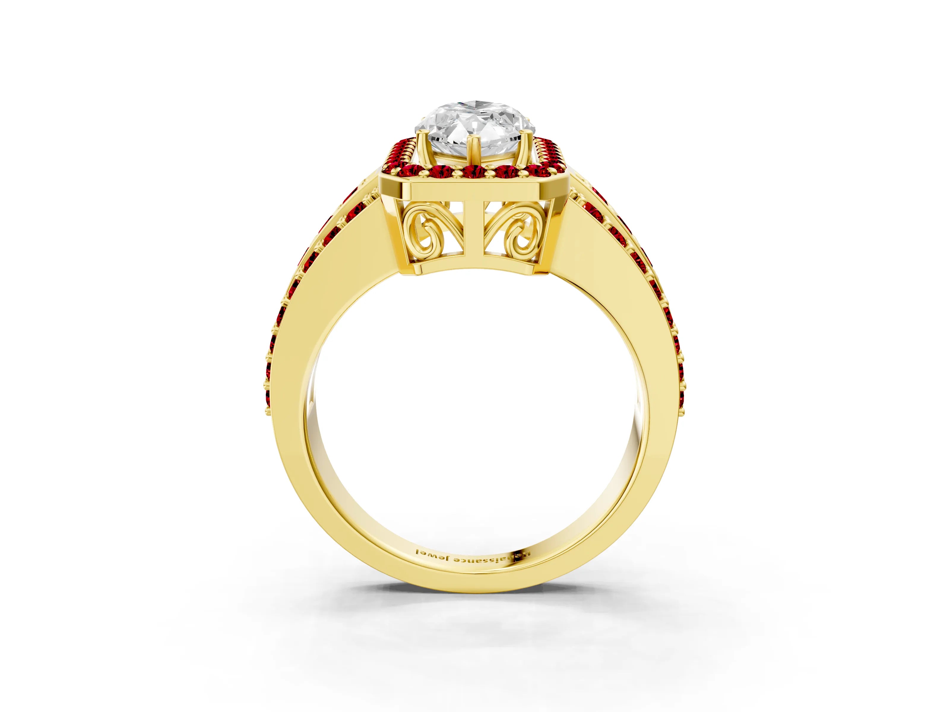 Yellow gold Marquise Cut Halo Diamond Ring with Round with Ruby side stone Split Shank and Prong Setting_3