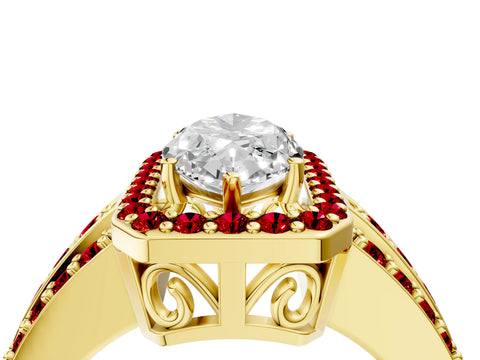 Yellow gold Marquise Cut Halo Diamond Ring with Round with Ruby side stone Split Shank and Prong Setting_4