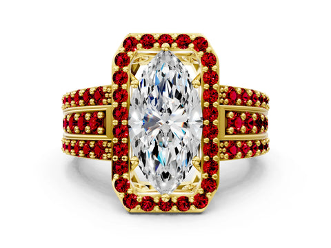 Yellow gold Marquise Cut Halo Diamond Ring with Round with Ruby side stone Split Shank and Prong Setting