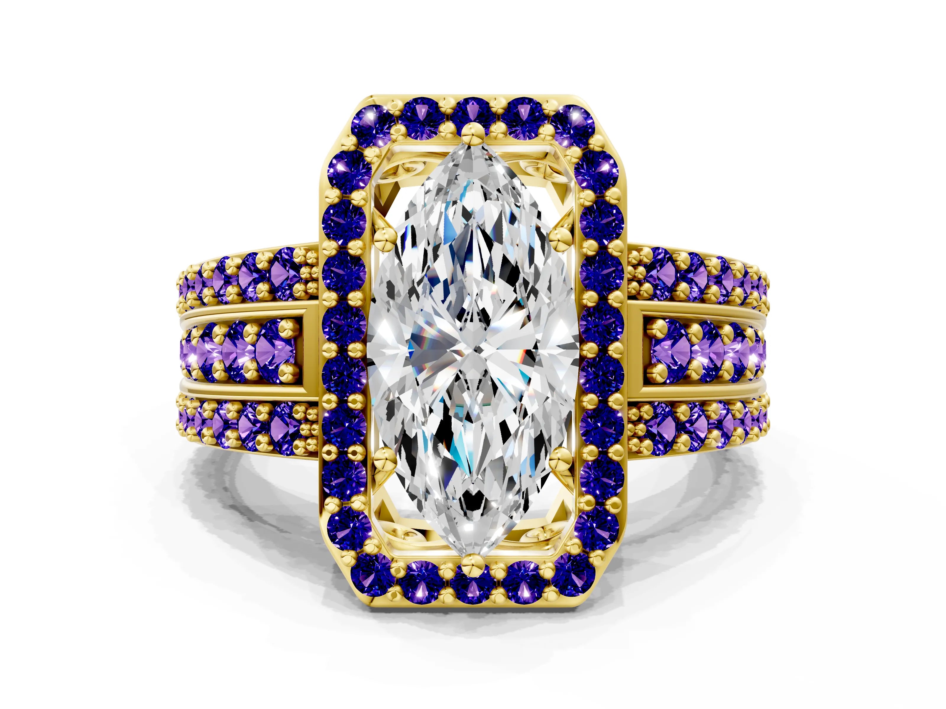 Yellow gold Marquise Cut Halo Diamond Ring with Round with Tanzanite side stone Split Shank and Prong Setting