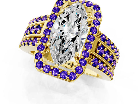 Yellow gold Marquise Cut Halo Diamond Ring with Round with Tanzanite side stone Split Shank and Prong Setting_1