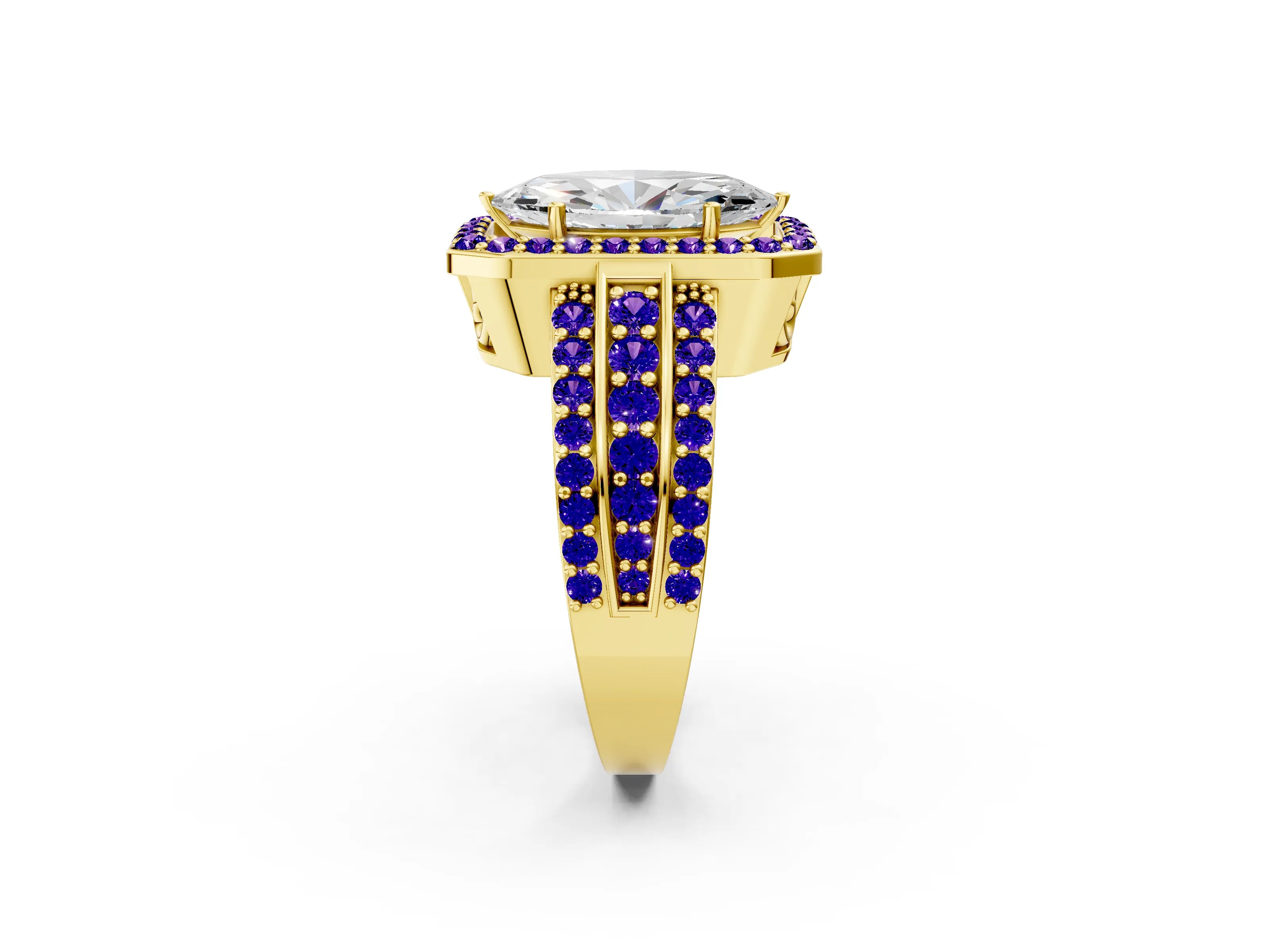 Yellow gold Marquise Cut Halo Diamond Ring with Round with Tanzanite side stone Split Shank and Prong Setting_2
