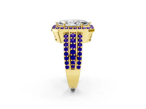 Yellow gold Marquise Cut Halo Diamond Ring with Round with Tanzanite side stone Split Shank and Prong Setting_2