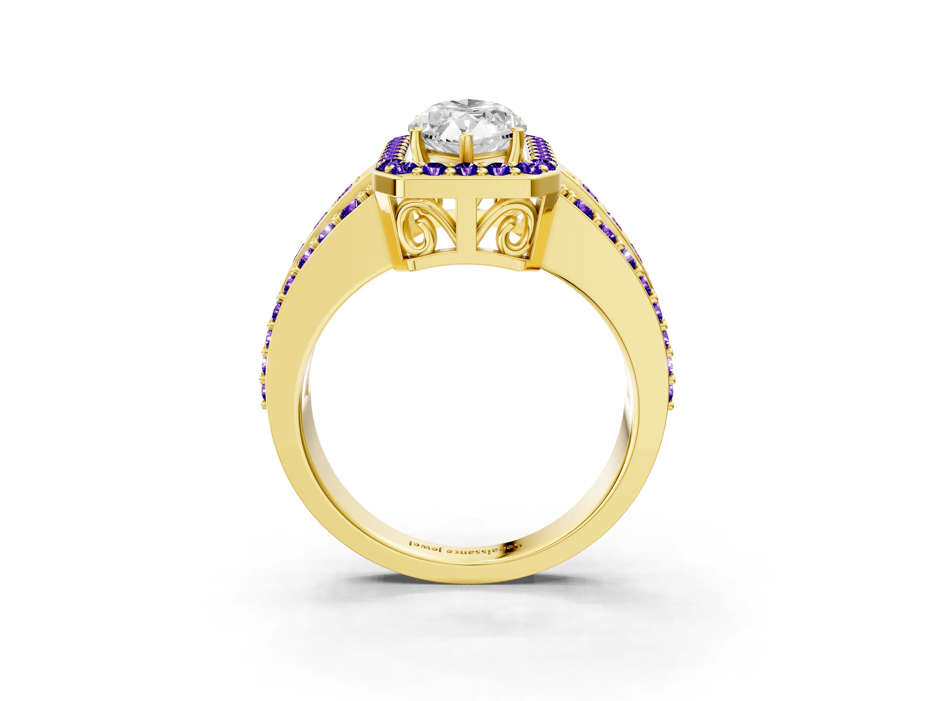 Yellow gold Marquise Cut Halo Diamond Ring with Round with Tanzanite side stone Split Shank and Prong Setting_3