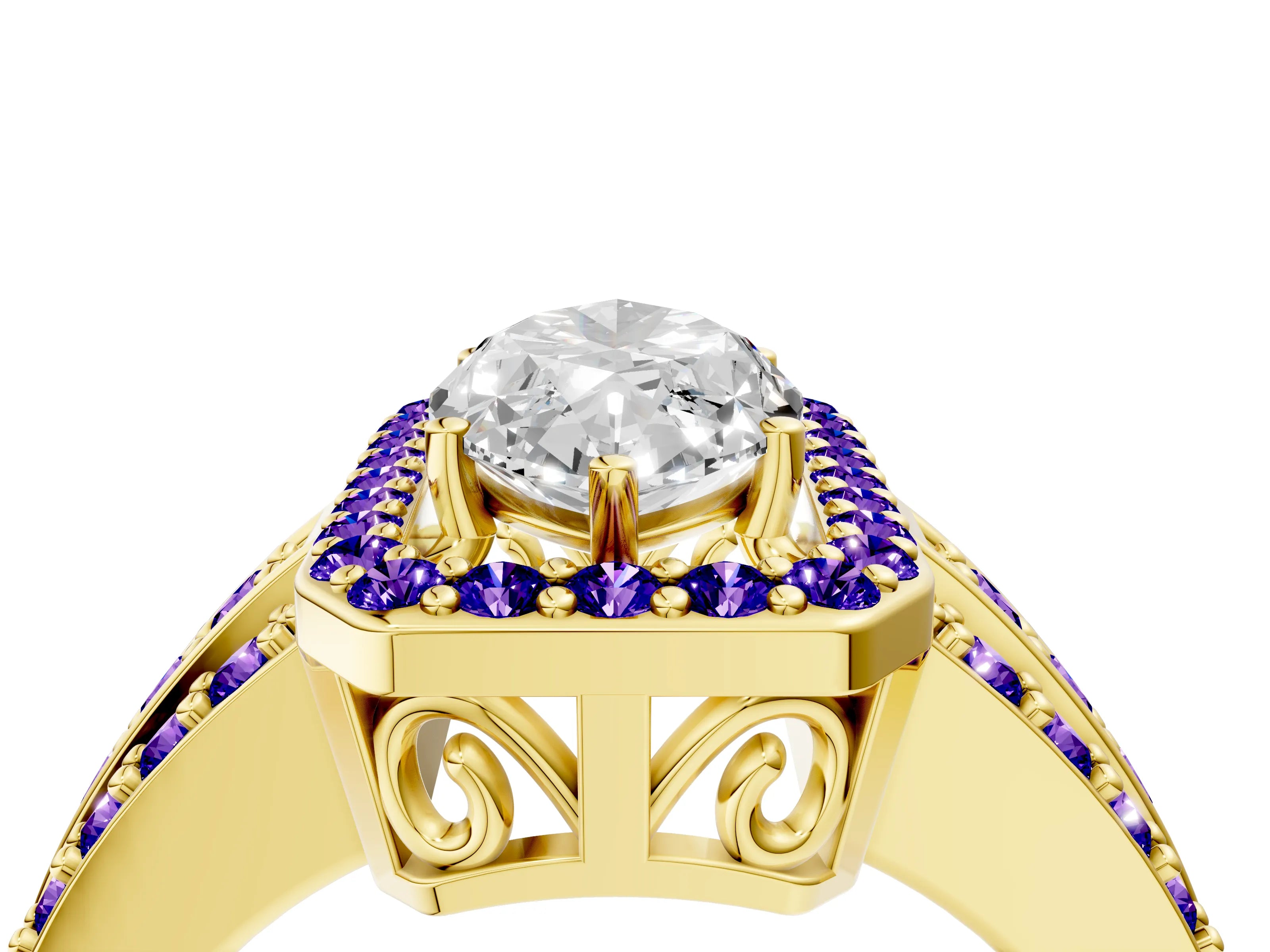 Yellow gold Marquise Cut Halo Diamond Ring with Round with Tanzanite side stone Split Shank and Prong Setting_4