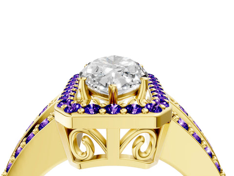 Yellow gold Marquise Cut Halo Diamond Ring with Round with Tanzanite side stone Split Shank and Prong Setting_4