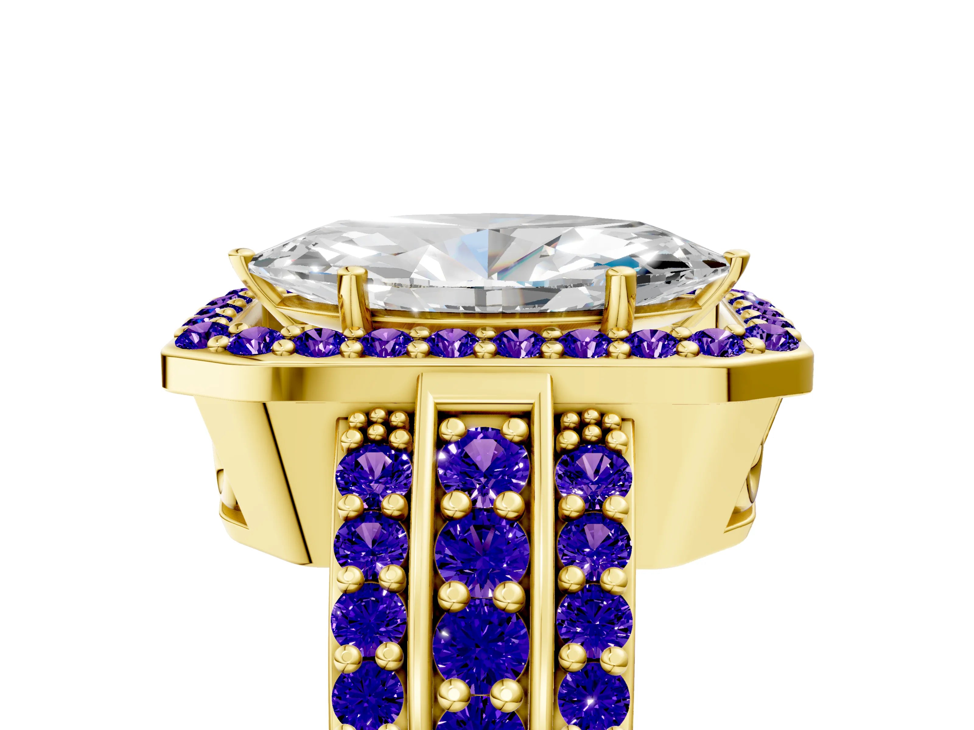 Yellow gold Marquise Cut Halo Diamond Ring with Round with Tanzanite side stone Split Shank and Prong Setting_5